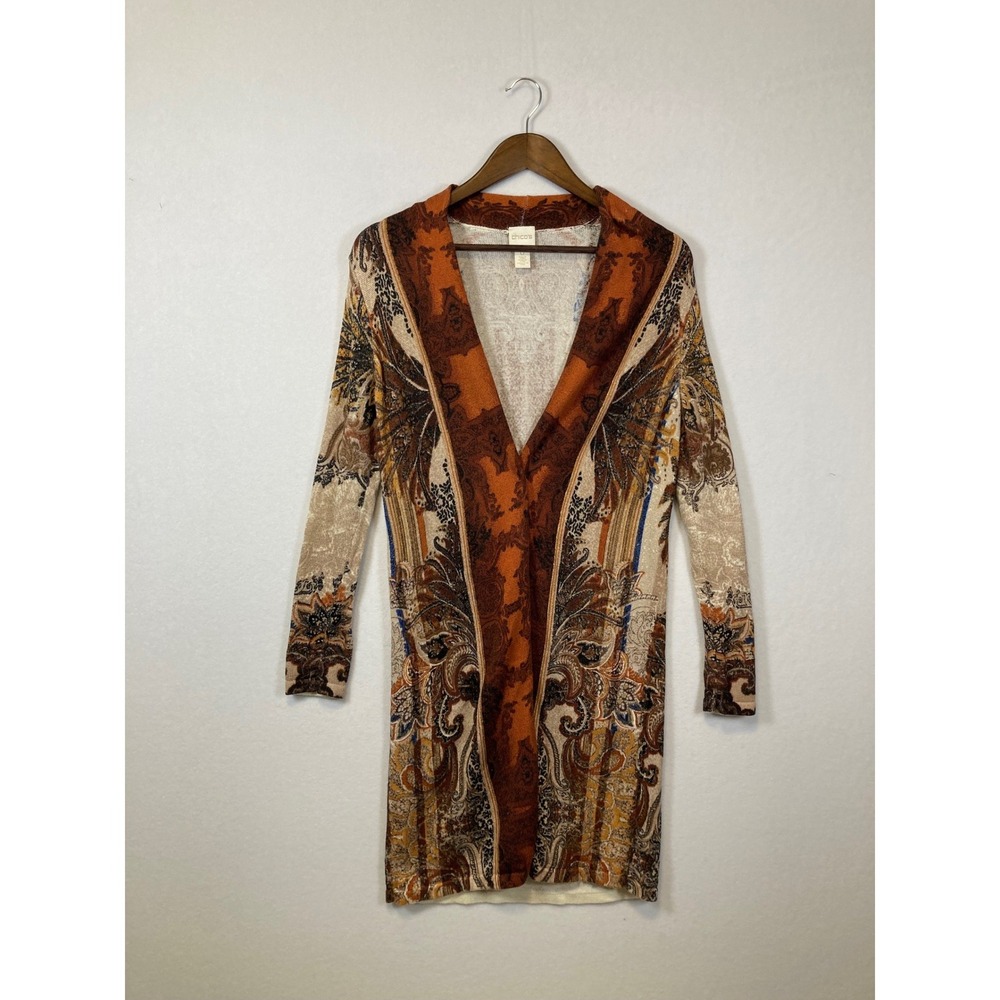 Chico's Longline Open Front‎ Cardigan Womens 0 Small Orange Paisley Boho Knit